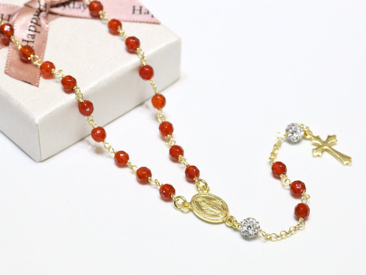 Collar rosario rojo, collar rosario Medalla Milagrosa, plata de ley 925 bañada en oro de 18 kt, rosario color cornalina roja para mujer