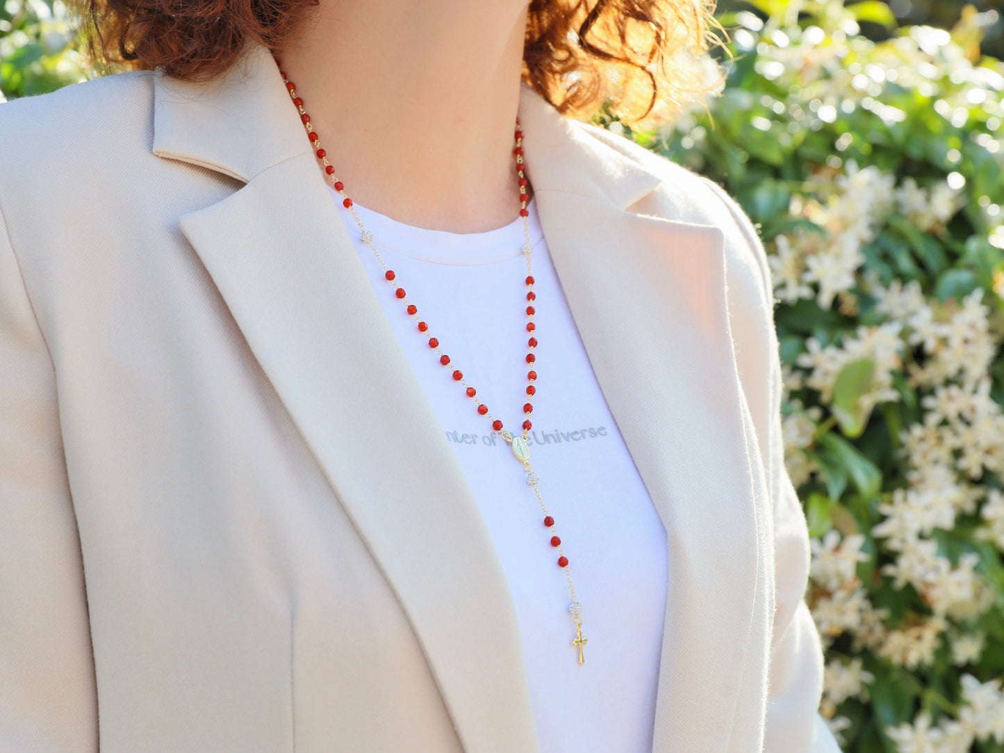 Collar rosario rojo, collar rosario Medalla Milagrosa, plata de ley 925 bañada en oro de 18 kt, rosario color cornalina roja para mujer