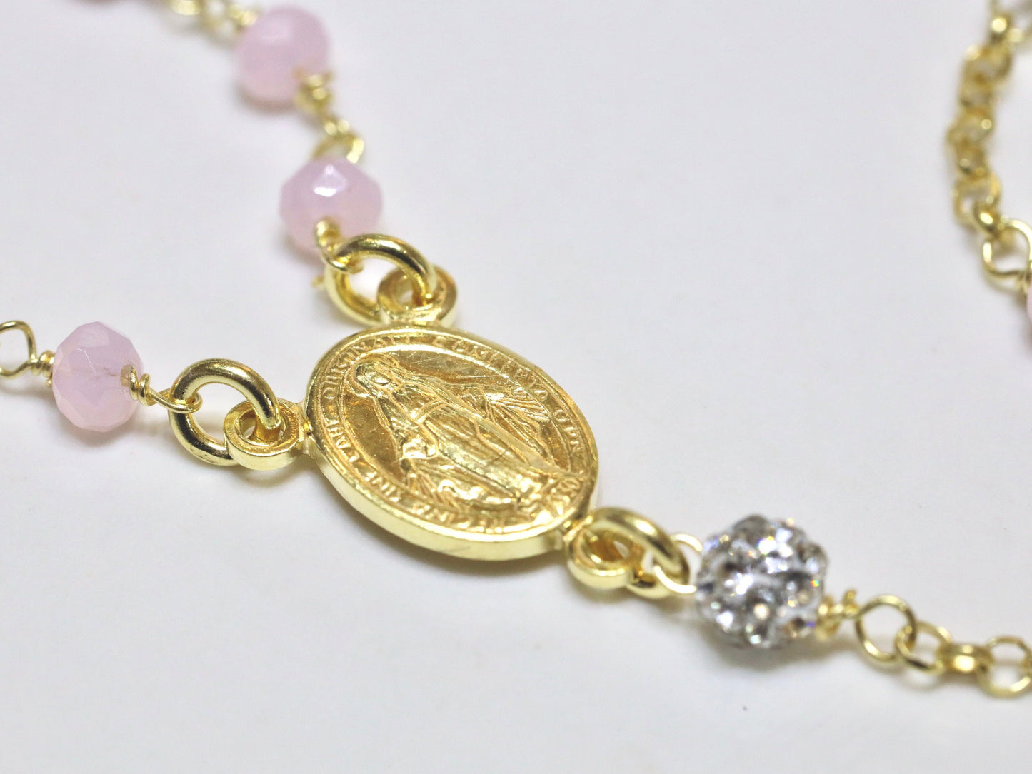 Collar de rosario de plata de ley hecho a mano, cuentas de collar de cuarzo rosa rosa, collar de rosario para niñas adolescentes, cuentas de rosario de la Medalla Milagrosa
