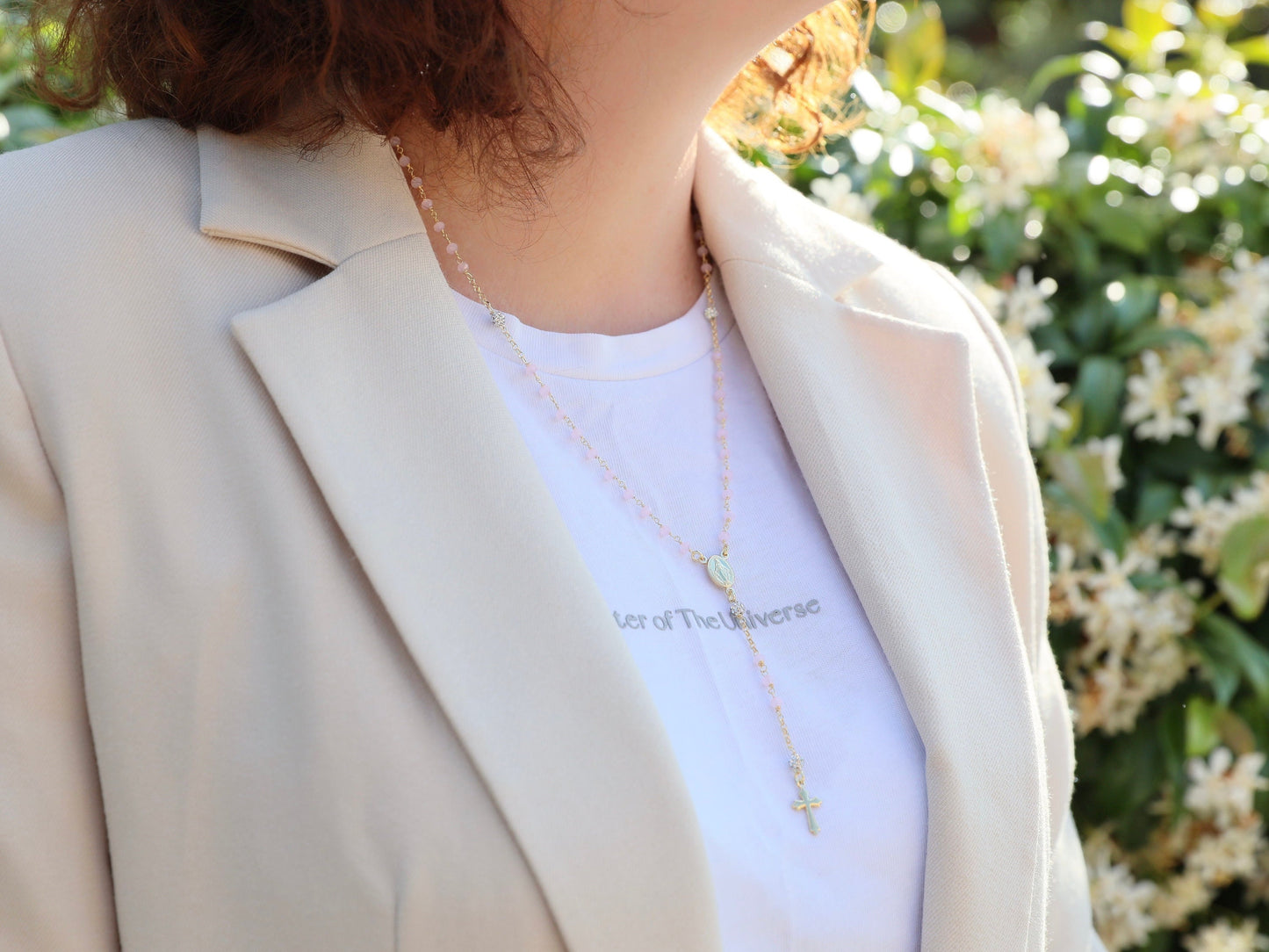 Collar de rosario de plata de ley hecho a mano, cuentas de collar de cuarzo rosa rosa, collar de rosario para niñas adolescentes, cuentas de rosario de la Medalla Milagrosa
