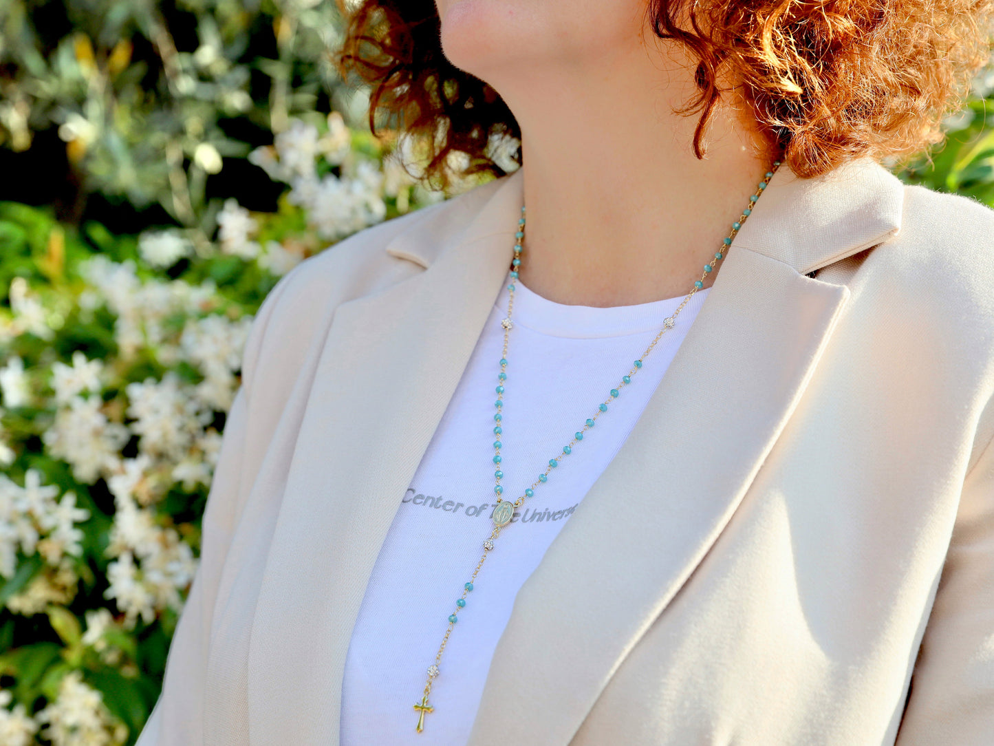 Collar rosario Medalla Milagrosa, rosario de plata de ley, rosario turquesa azul bañado en 18 kt, collar para adolescente, regalo de confirmación