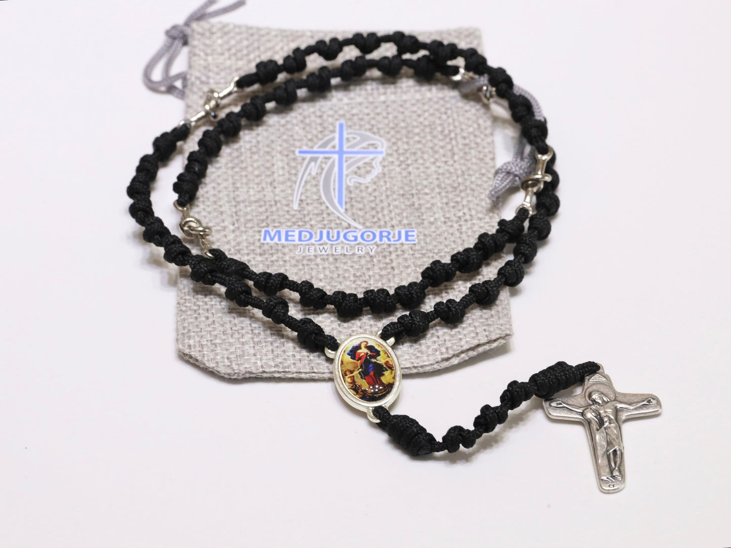 Rosario Nuestra Señora Desatadora de Nudos |Rosario Parcord, rosario ligero | Rosario hecho a mano, cuentas de rosario de nudo tejido, rosario negro