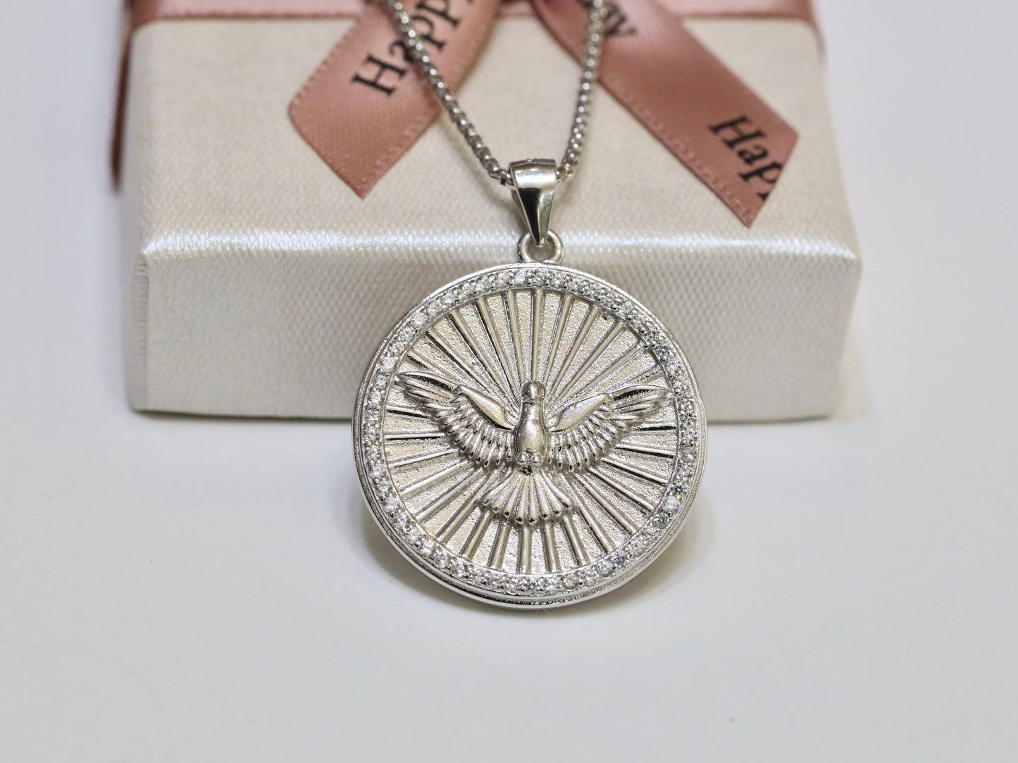 Colgante grande del Espíritu Santo, plata de ley 925, medalla del Espíritu Santo de 24 mm, medalla redonda del Espíritu Santo para mujer, colgante de collar católico