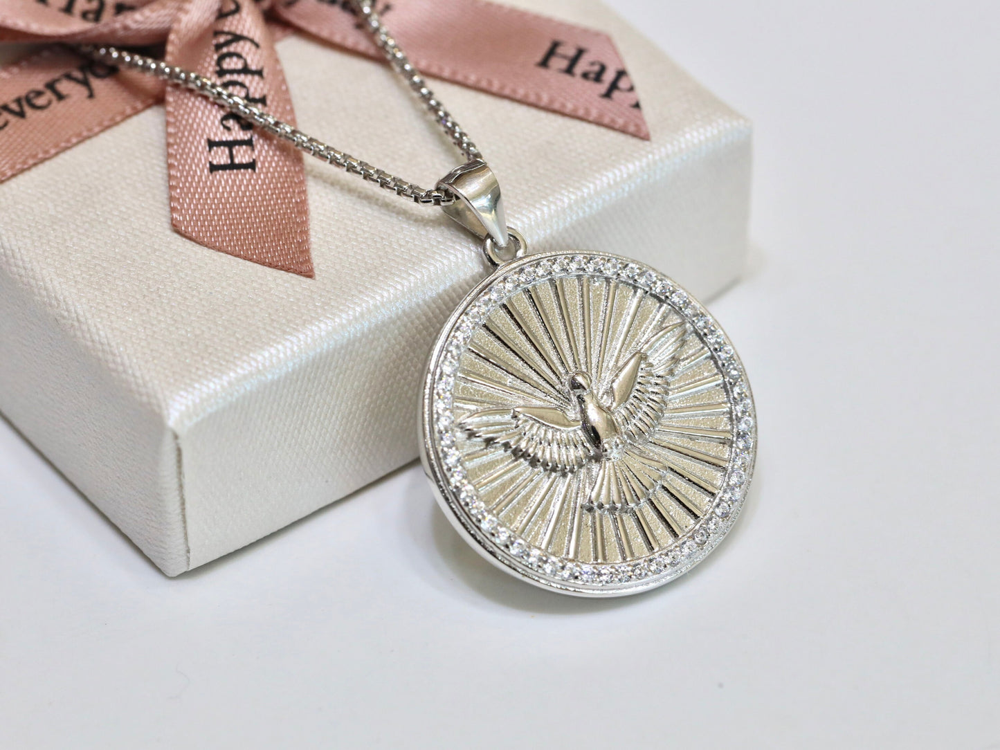 Colgante grande del Espíritu Santo, plata de ley 925, medalla del Espíritu Santo de 24 mm, medalla redonda del Espíritu Santo para mujer, colgante de collar católico