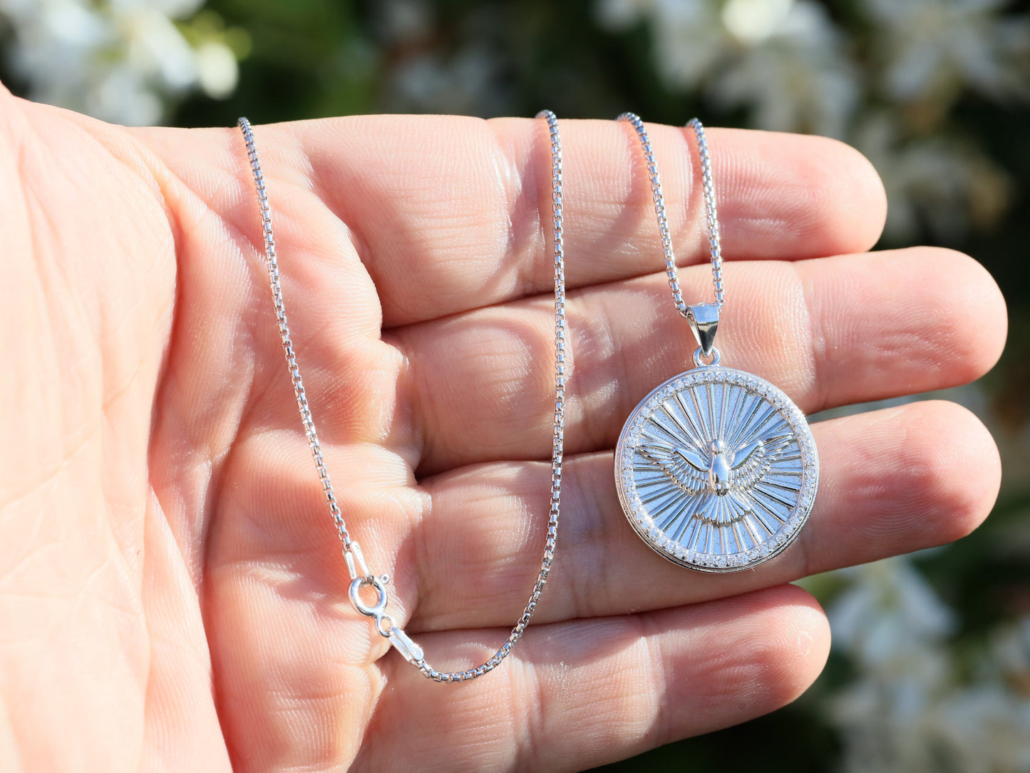 Colgante grande del Espíritu Santo, plata de ley 925, medalla del Espíritu Santo de 24 mm, medalla redonda del Espíritu Santo para mujer, colgante de collar católico