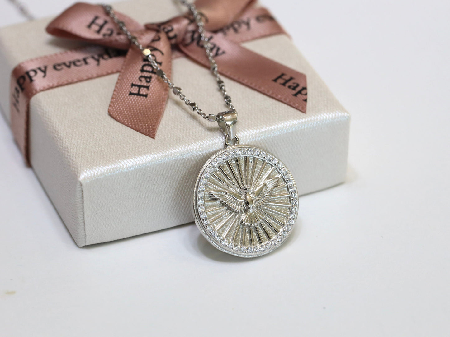 Colgante Espíritu Santo de 20 mm, colgante de plata de ley 925, medalla redonda de la Paloma del Espíritu Santo, medalla de santo católico, regalo para mujeres católicas