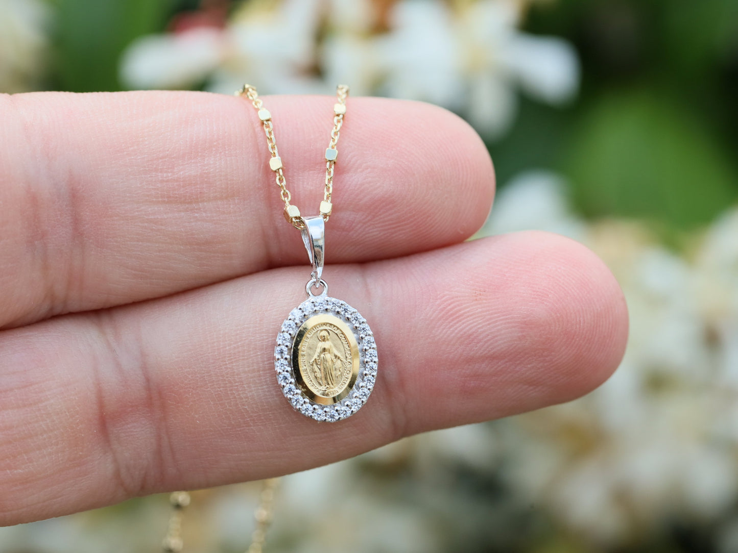 Dainty Miraculous Medal, Sterling Silver 925 Miraculous Medal, clear cubic zirconium miraculous medal pendant,minimalist pendant for teenage