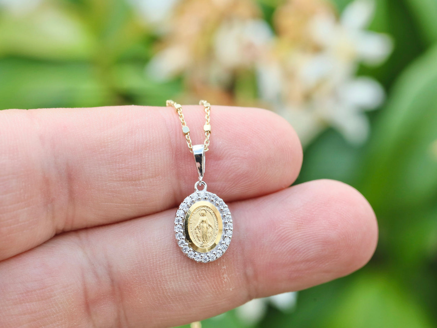 Dainty Miraculous Medal, Sterling Silver 925 Miraculous Medal, clear cubic zirconium miraculous medal pendant,minimalist pendant for teenage