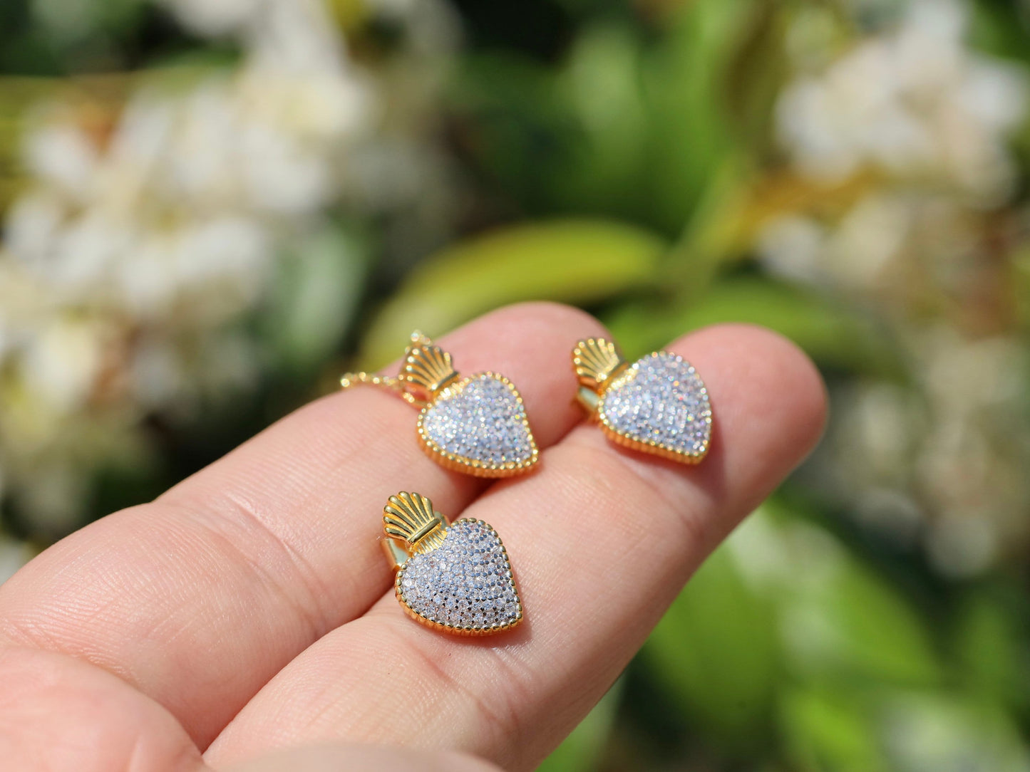 Conjunto de joyas Sagrado Corazón, collar y pendientes de plata de primera ley Sagrado Corazón, conjunto de joyas para mujer, regalo para esposa, conjunto chapado en oro de 18 kt