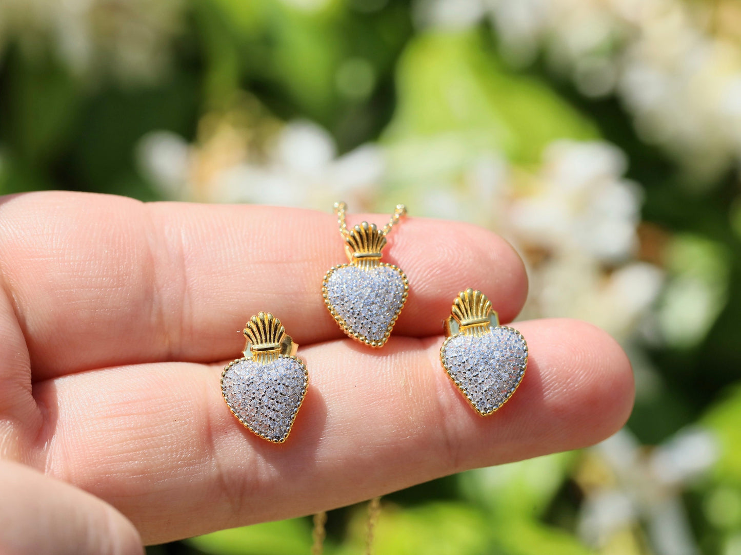Conjunto de joyas Sagrado Corazón, collar y pendientes de plata de primera ley Sagrado Corazón, conjunto de joyas para mujer, regalo para esposa, conjunto chapado en oro de 18 kt
