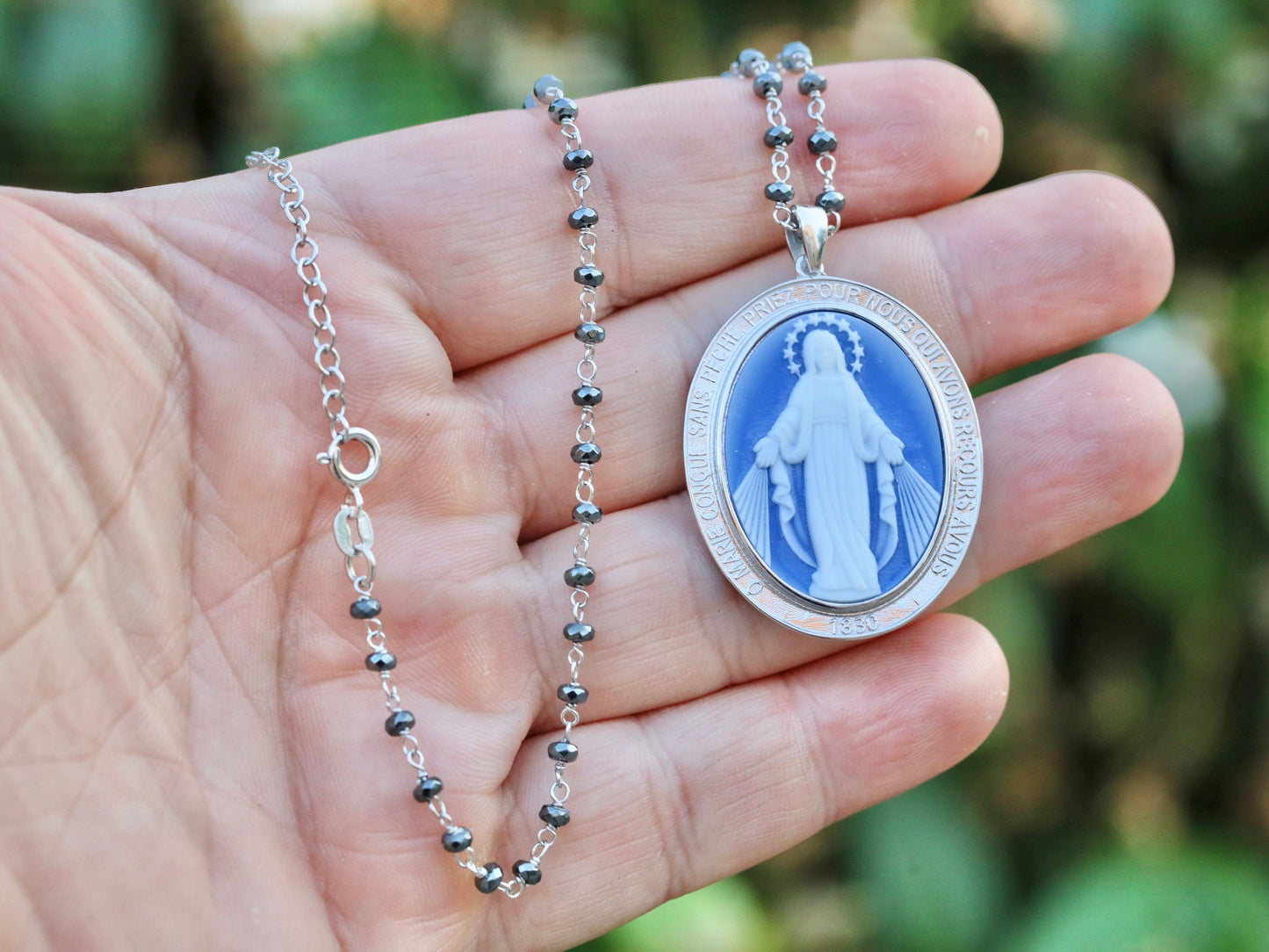 Large Miraculous Medal, sterling silver 925 Miraculous Medal, cameo style blue Miraculous Medal, Medal for catholic, family heirloom medal