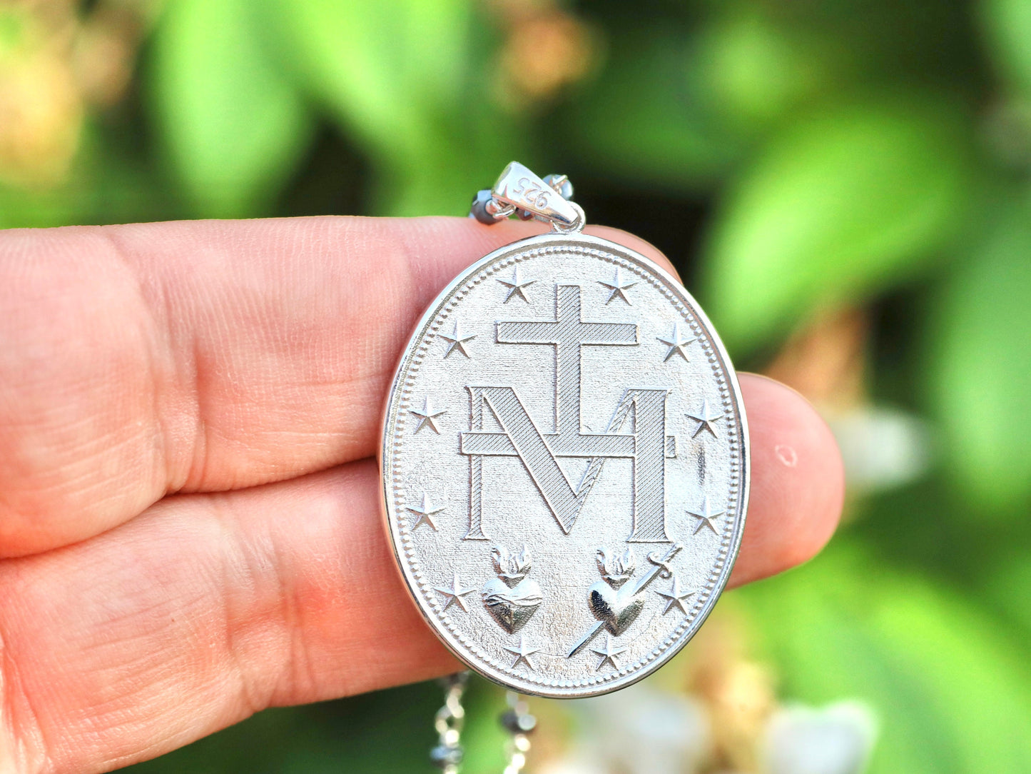 Large Miraculous Medal, sterling silver 925 Miraculous Medal, cameo style blue Miraculous Medal, Medal for catholic, family heirloom medal