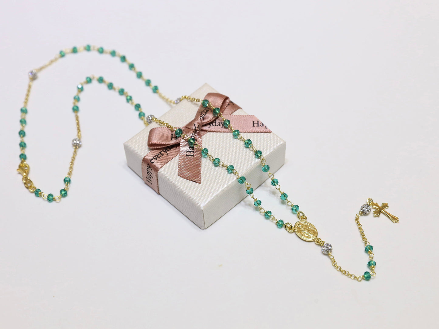 Collar rosario verde, collar rosario Medalla Milagrosa para mujer, rosario de plata de ley 925 con cuentas color verde esmeralda bañadas en oro