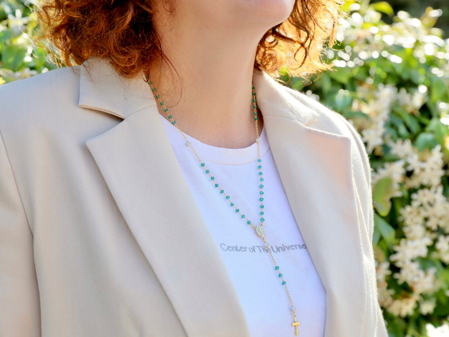 Collar rosario verde, collar rosario Medalla Milagrosa para mujer, rosario de plata de ley 925 con cuentas color verde esmeralda bañadas en oro