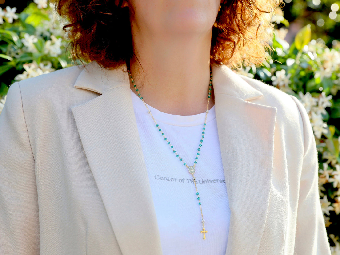 Collar rosario verde, collar rosario Medalla Milagrosa para mujer, rosario de plata de ley 925 con cuentas color verde esmeralda bañadas en oro