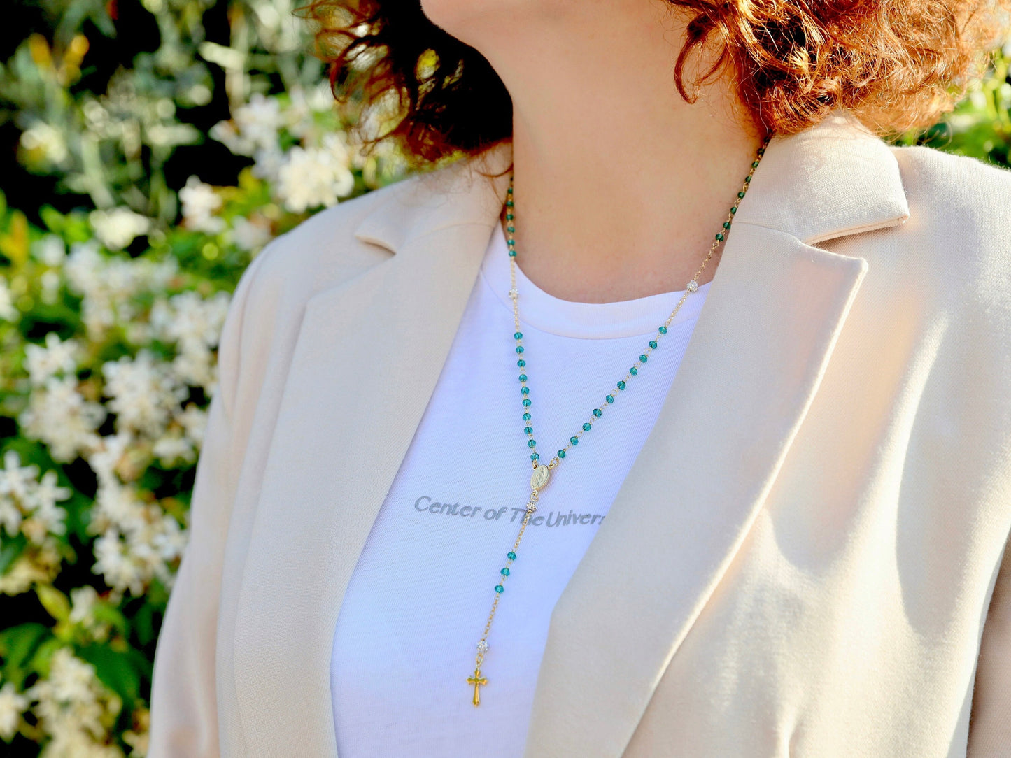 Collar rosario verde, collar rosario Medalla Milagrosa para mujer, rosario de plata de ley 925 con cuentas color verde esmeralda bañadas en oro