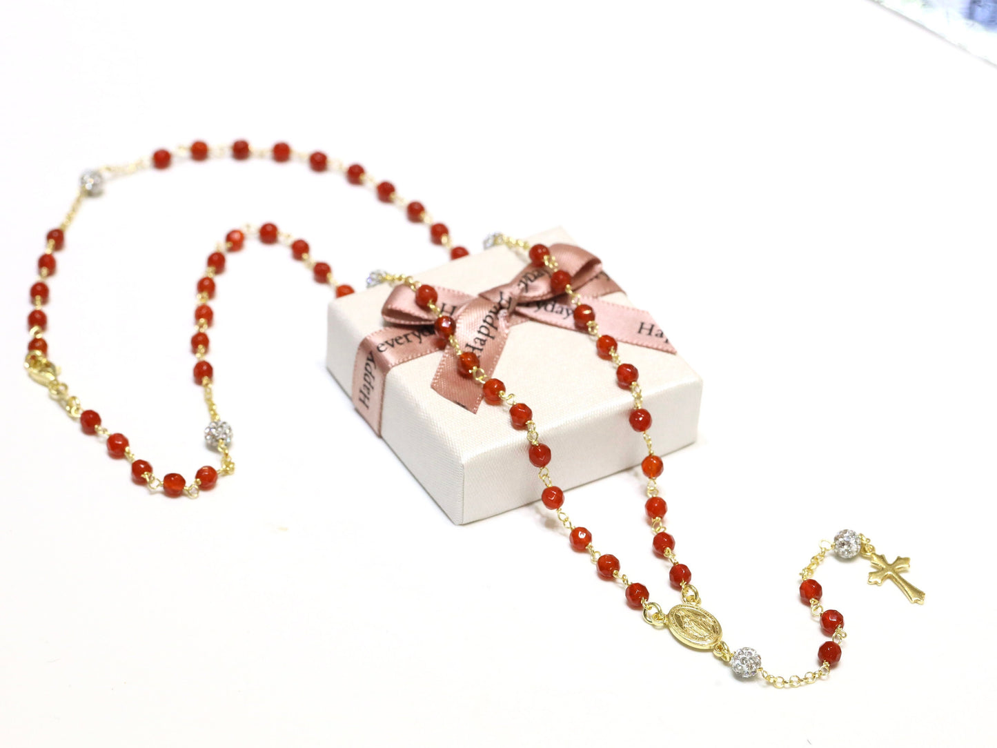 Collar rosario rojo, collar rosario Medalla Milagrosa, plata de ley 925 bañada en oro de 18 kt, rosario color cornalina roja para mujer