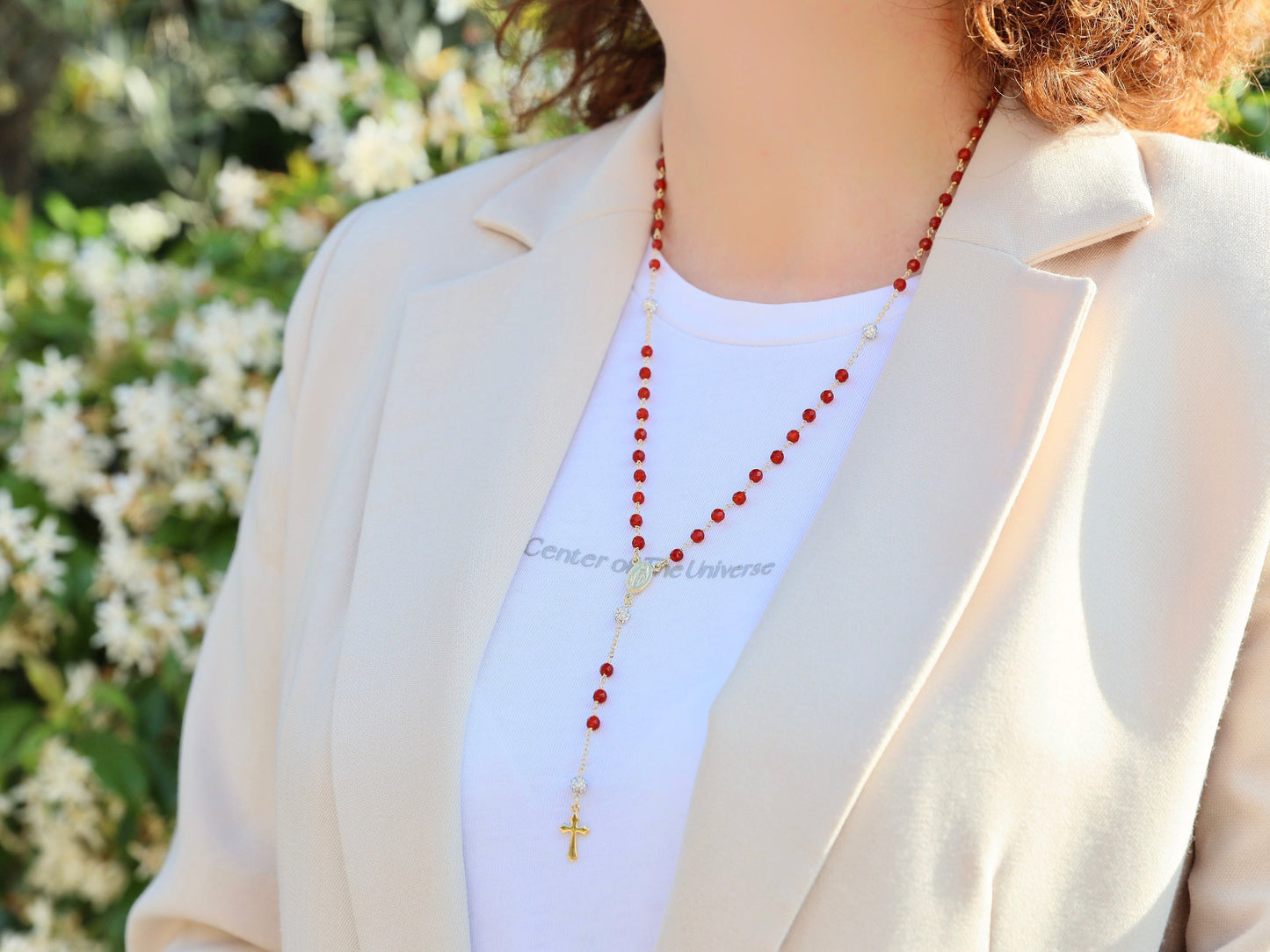 Collar rosario rojo, collar rosario Medalla Milagrosa, plata de ley 925 bañada en oro de 18 kt, rosario color cornalina roja para mujer