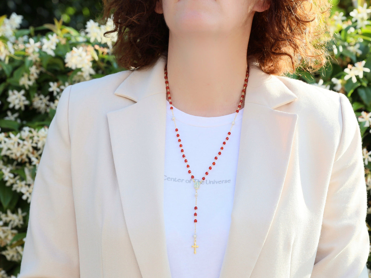 Collar rosario rojo, collar rosario Medalla Milagrosa, plata de ley 925 bañada en oro de 18 kt, rosario color cornalina roja para mujer