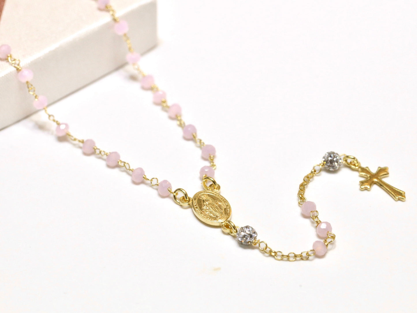 Collar de rosario de plata de ley hecho a mano, cuentas de collar de cuarzo rosa rosa, collar de rosario para niñas adolescentes, cuentas de rosario de la Medalla Milagrosa