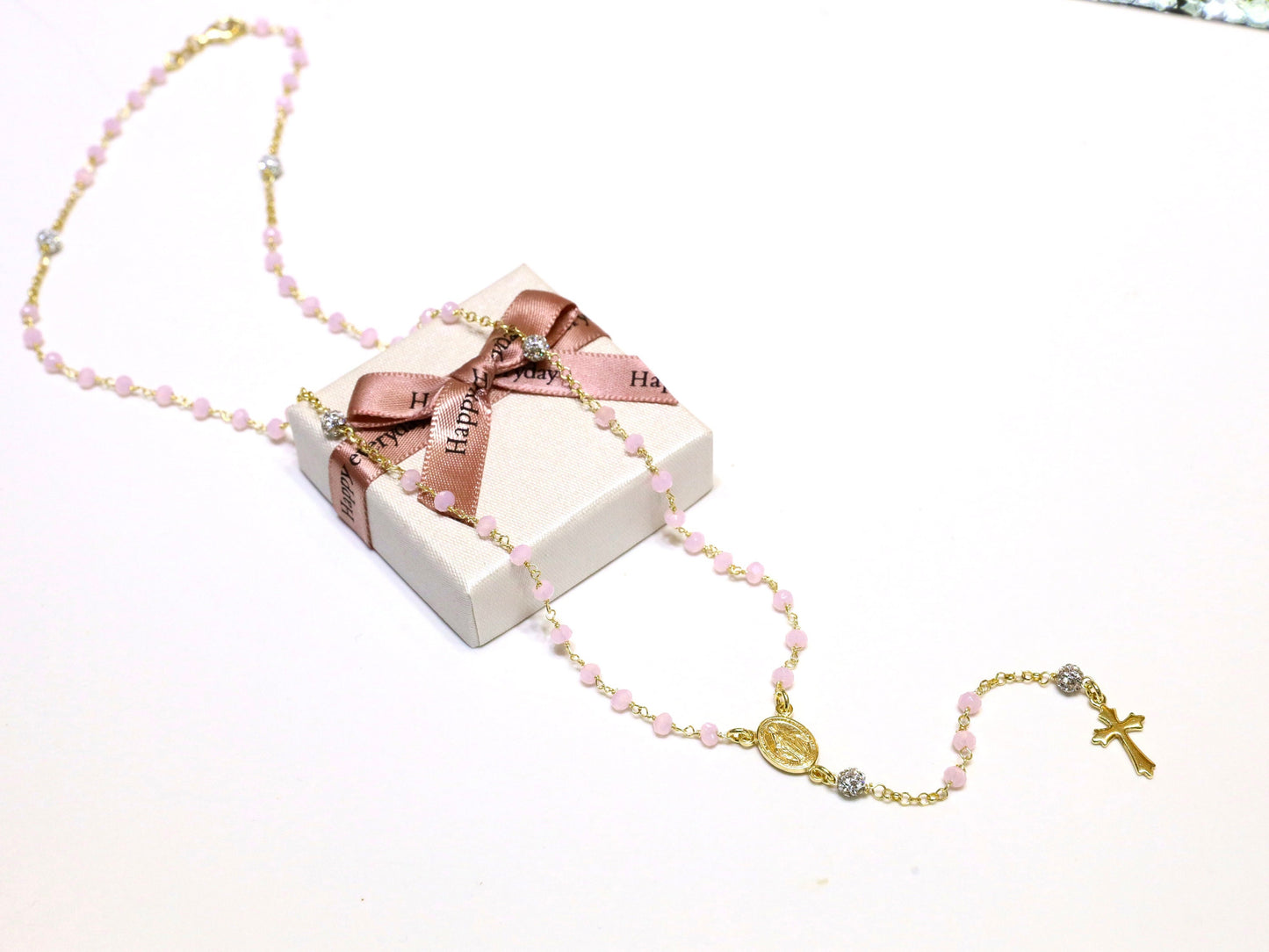 Collar de rosario de plata de ley hecho a mano, cuentas de collar de cuarzo rosa rosa, collar de rosario para niñas adolescentes, cuentas de rosario de la Medalla Milagrosa