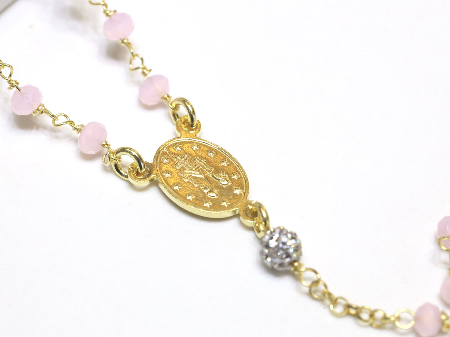Collar de rosario de plata de ley hecho a mano, cuentas de collar de cuarzo rosa rosa, collar de rosario para niñas adolescentes, cuentas de rosario de la Medalla Milagrosa