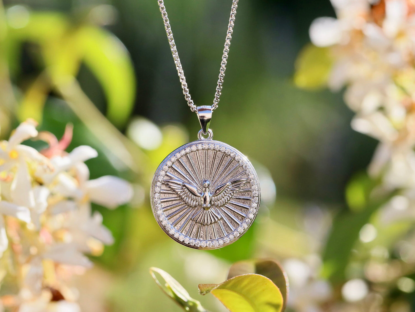 Colgante grande del Espíritu Santo, plata de ley 925, medalla del Espíritu Santo de 24 mm, medalla redonda del Espíritu Santo para mujer, colgante de collar católico