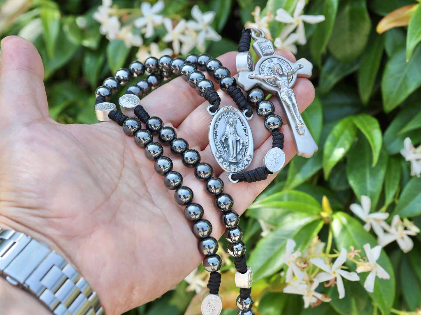 Rosario negro grande, rosario Paracord para hombre, rosario crucifijo de San Benito con Medalla Milagrosa, rosario católico tradicional, regalo de rosario