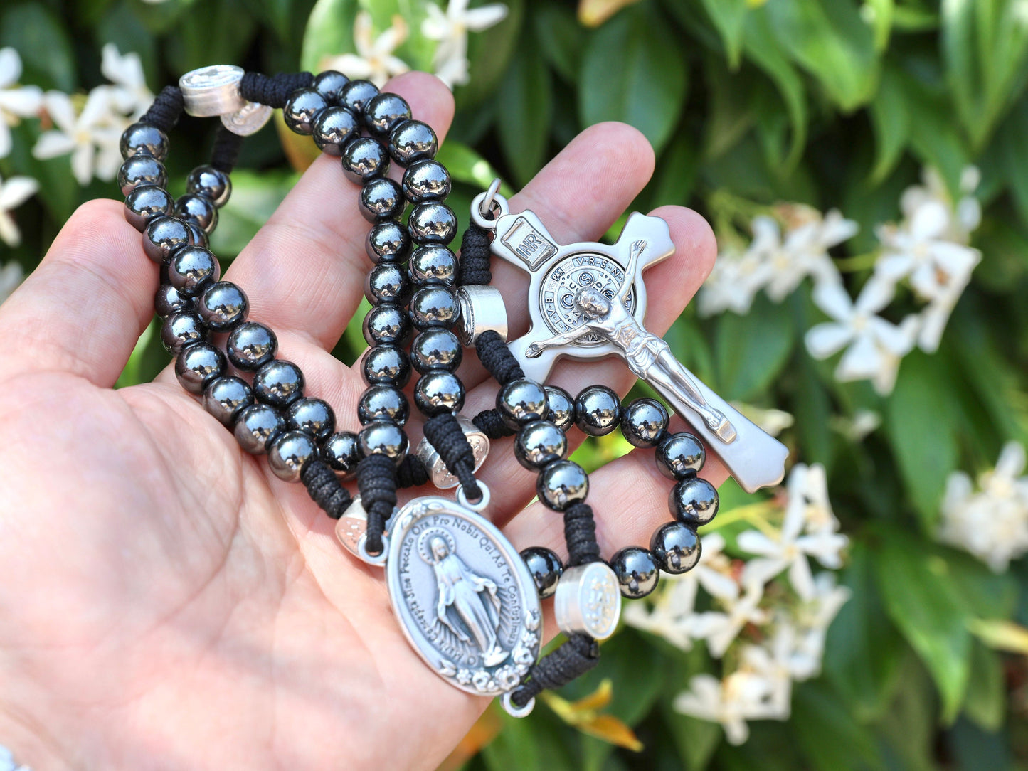 Rosario negro grande, rosario Paracord para hombre, rosario crucifijo de San Benito con Medalla Milagrosa, rosario católico tradicional, regalo de rosario