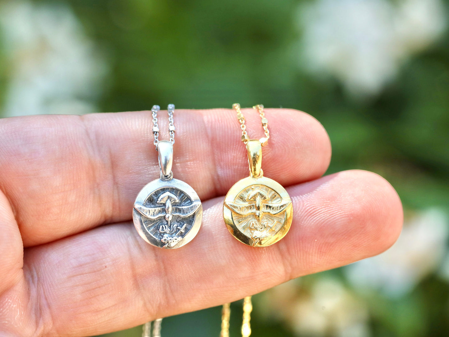 Holy Spirit and Immaculate Heart of Mary pendant, sterling silver 925 round pendant, necklace pendant for catholic women, vintage pendant