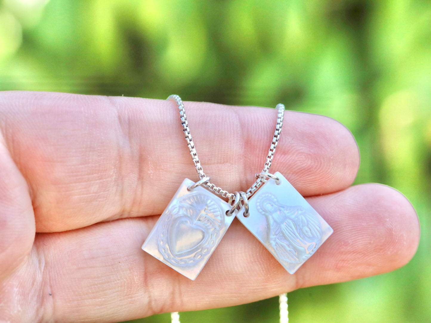 Green Scapular Mother of Pearl Necklace - Immaculate Heart of Mary and Our Lady of Grace - 18-Inch Sterling Silver