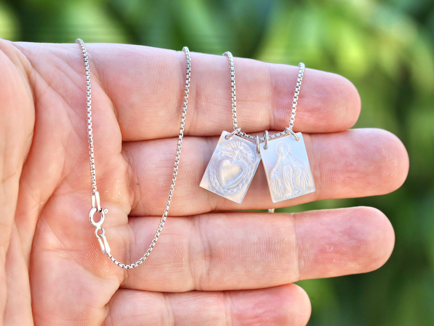 Green Scapular Mother of Pearl Necklace - Immaculate Heart of Mary and Our Lady of Grace - 18-Inch Sterling Silver