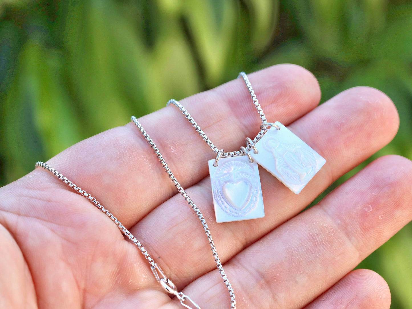 Green Scapular Mother of Pearl Necklace - Immaculate Heart of Mary and Our Lady of Grace - 18-Inch Sterling Silver