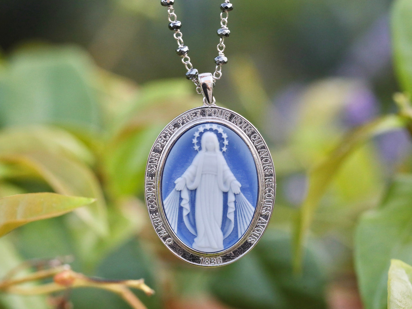 Large Miraculous Medal, sterling silver 925 Miraculous Medal, cameo style blue Miraculous Medal, Medal for catholic, family heirloom medal