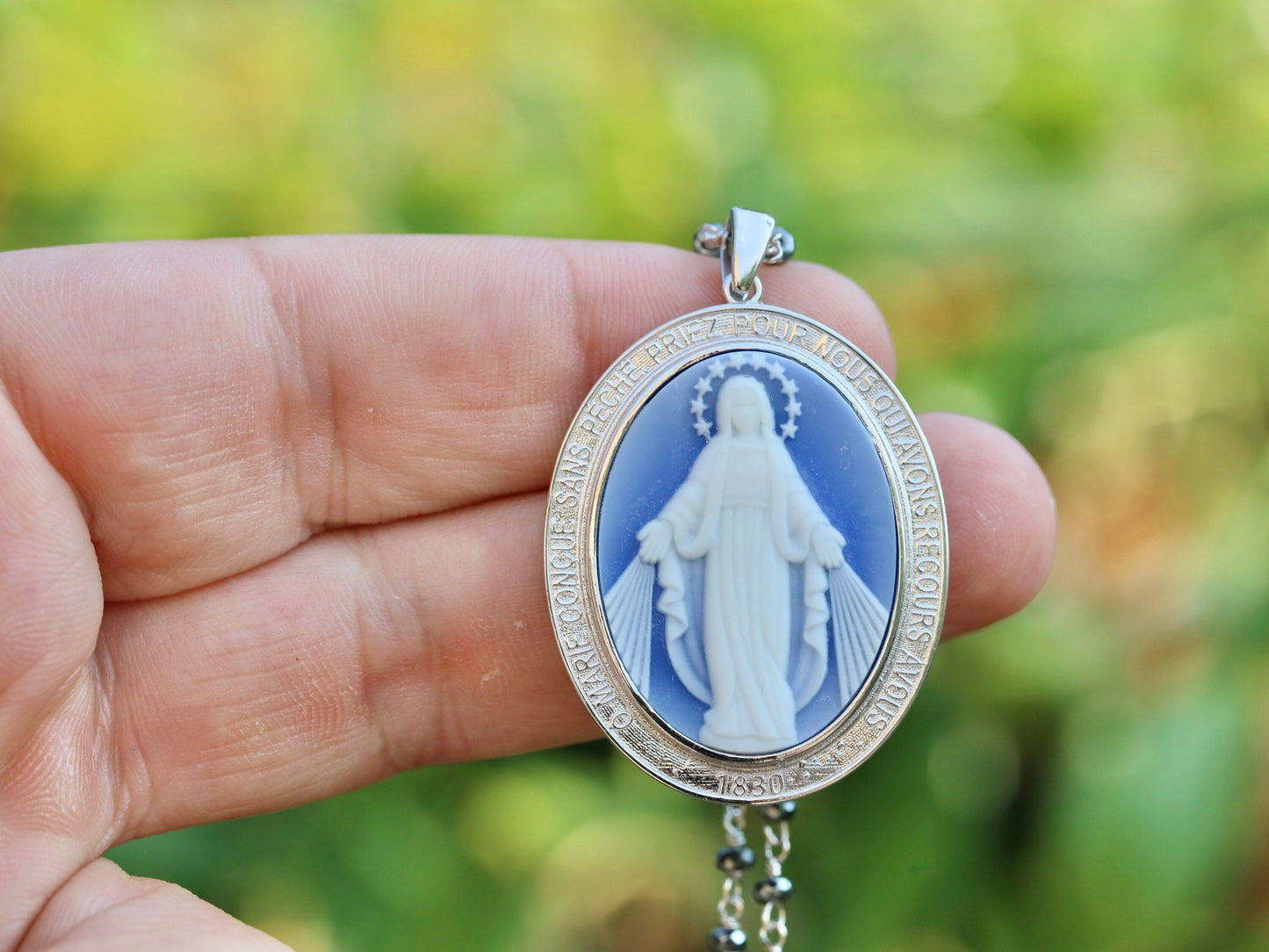 Large Miraculous Medal, sterling silver 925 Miraculous Medal, cameo style blue Miraculous Medal, Medal for catholic, family heirloom medal