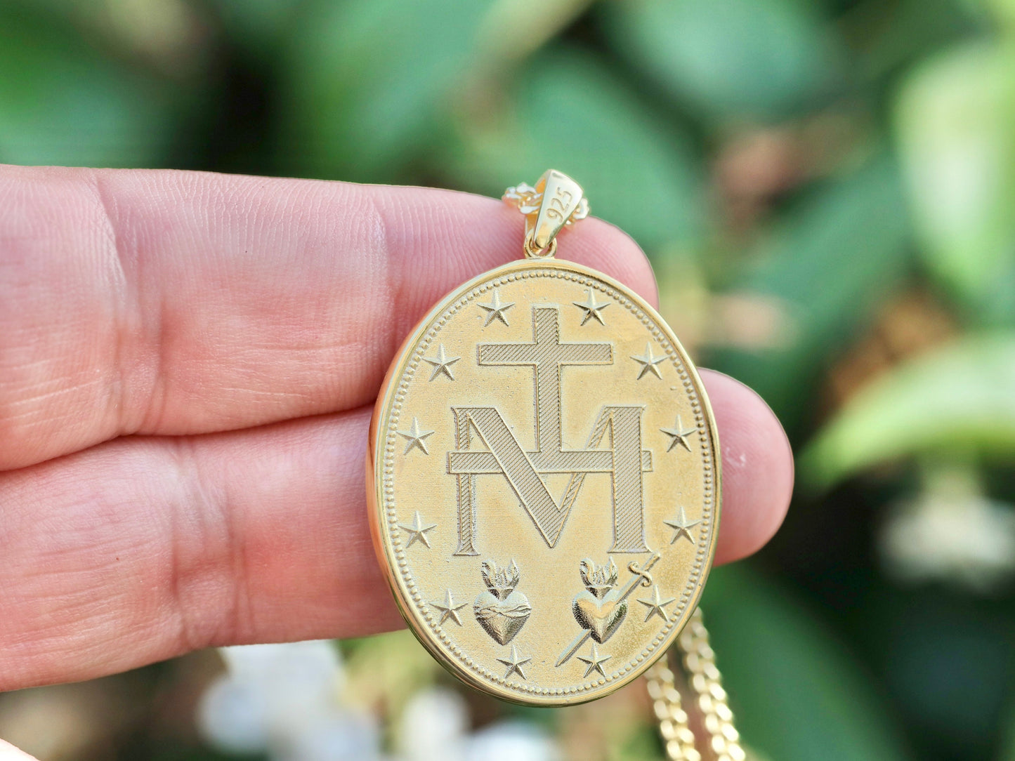 Medalla Milagrosa Grande, plata de primera ley 925, medalla bañada en oro de 18 kt, medalla religiosa para mujer católica, colgante Medalla Milagrosa de gran tamaño