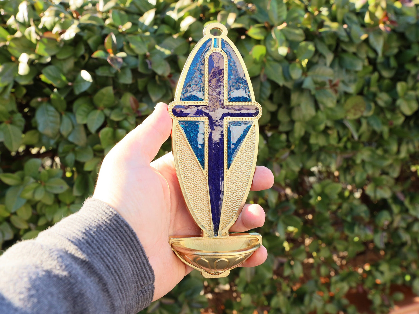 Water fountain for blessed water, Cross water fountain, gold plated water fountain, home altar fountain for holy water, metal water fountain