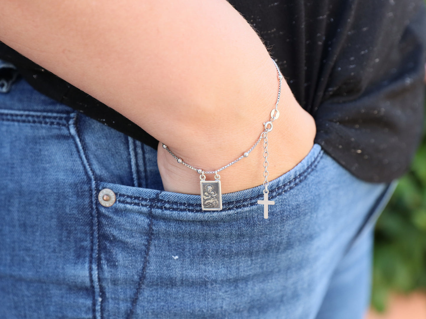 Minimalistisches Rosenkranzarmband aus Sterlingsilber mit Skapuliermedaille – katholischer Schmuck für Frauen, Skapulierarmband für Frauen,
