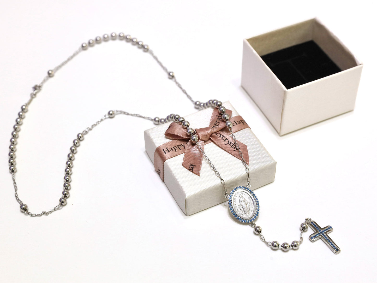 Collar Rosario de Plata de Ley 925 con Medalla Milagrosa de Circonio Cúbico Azul y Cruz