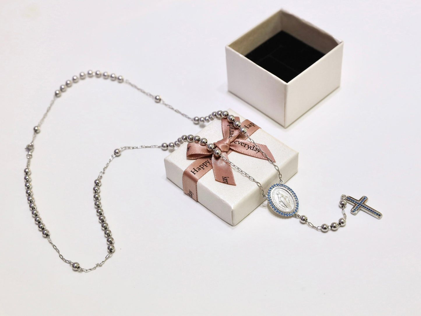 Collar Rosario de Plata de Ley 925 con Medalla Milagrosa de Circonio Cúbico Azul y Cruz