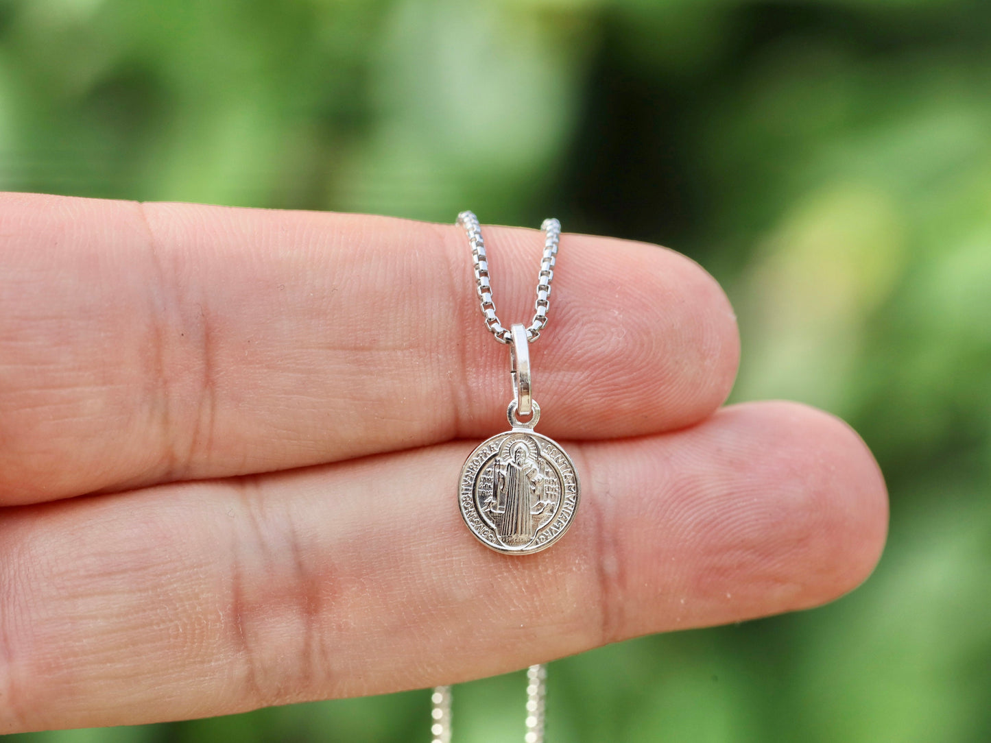 Miniature 10mm simple St. Benedict Sterling Silver Pendant | Rhodium Plated | Kids & Adults | Optional only medal, 18" or 20" Chain