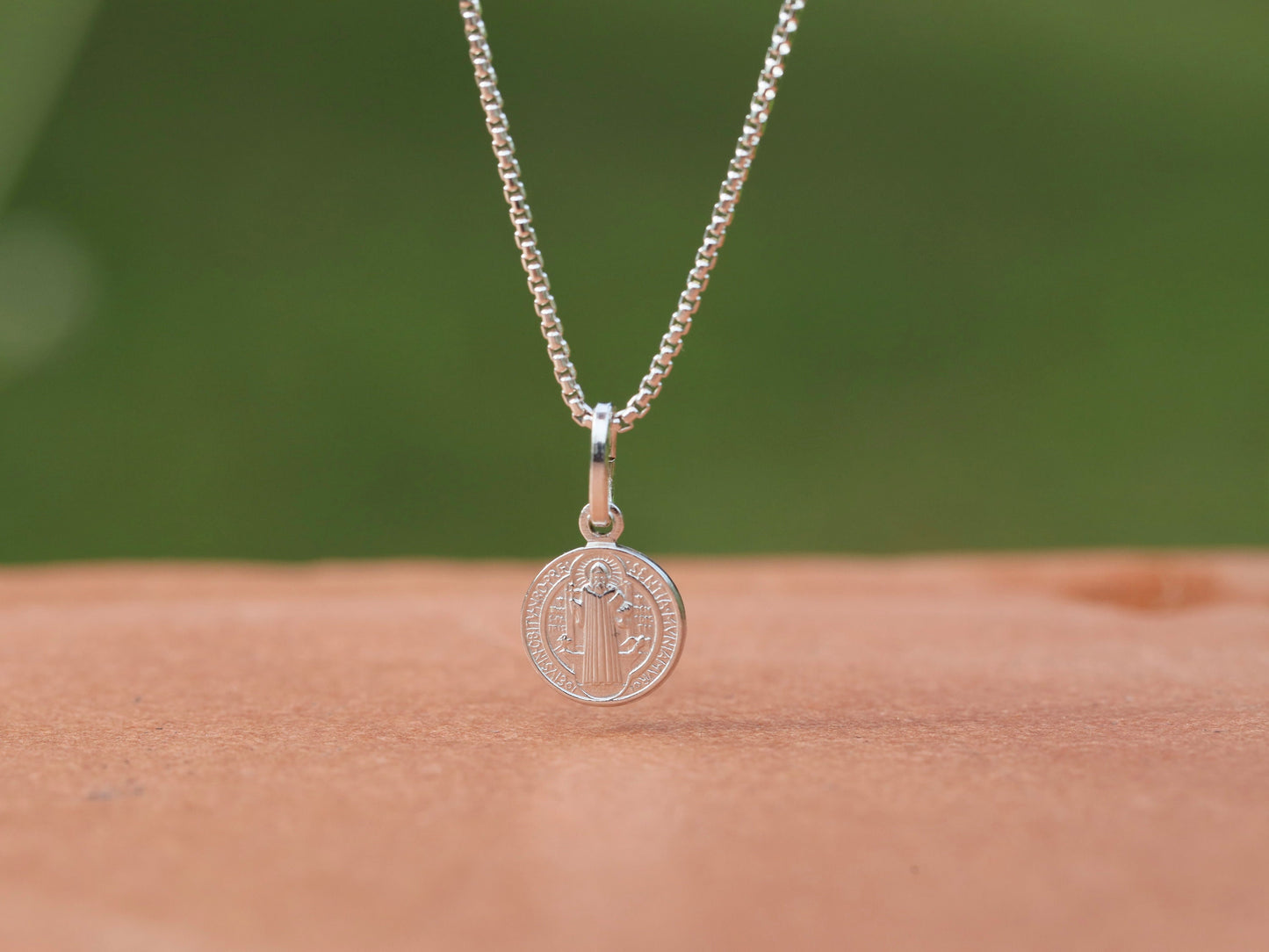 Miniature 10mm simple St. Benedict Sterling Silver Pendant | Rhodium Plated | Kids & Adults | Optional only medal, 18" or 20" Chain