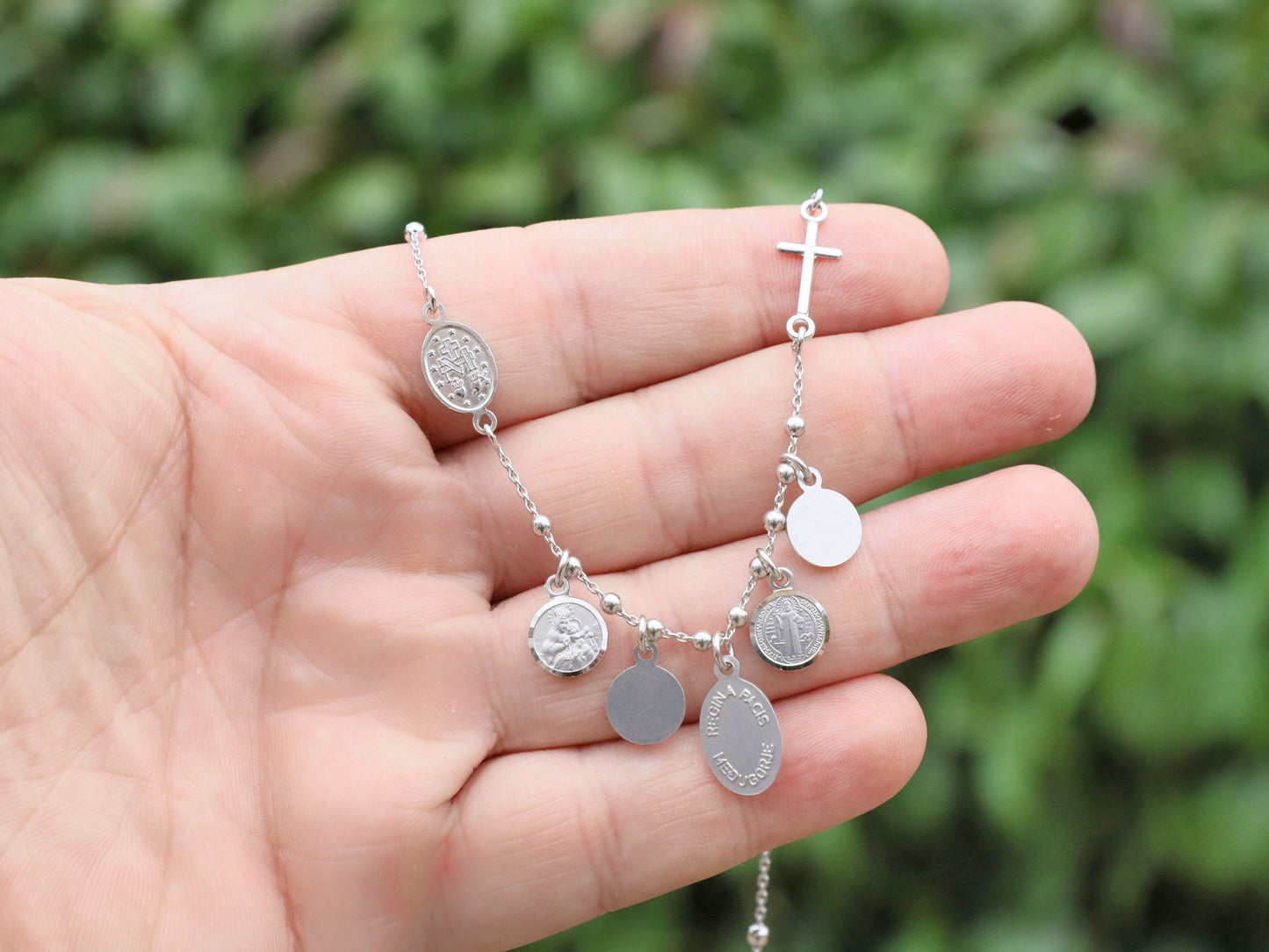 Handmade Sterling Silver Five Decade Rosary Necklace - Featuring Catholic Saints Padre Pio, St. Benedict, Miraculous Medal and More!