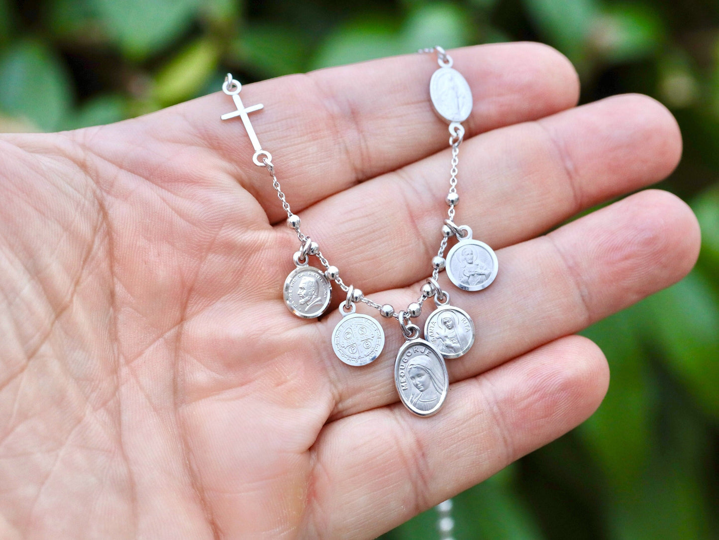 Handmade Sterling Silver Five Decade Rosary Necklace - Featuring Catholic Saints Padre Pio, St. Benedict, Miraculous Medal and More!