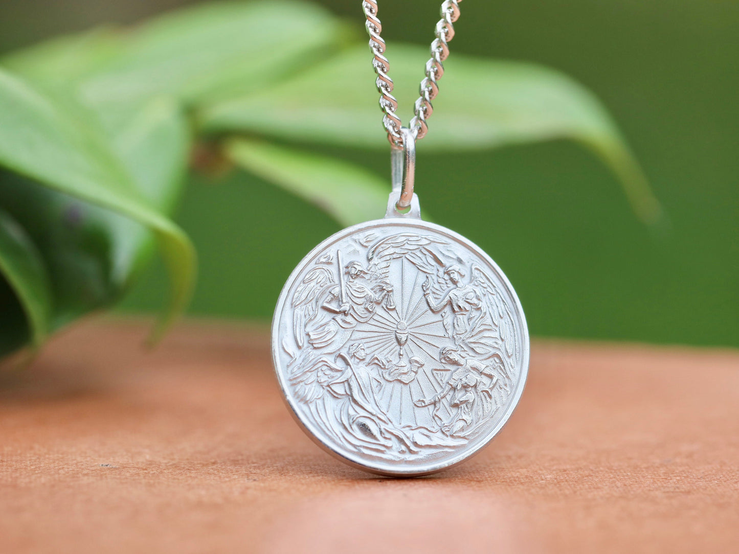 Unique Round Sterling Silver Pendant with Angel Guardian - Detailed Artistic Presentation of 3 Archangels