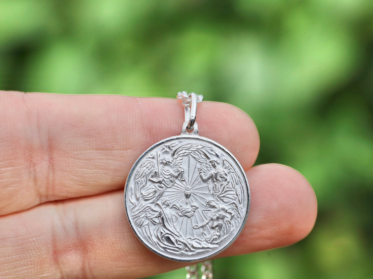 Unique Round Sterling Silver Pendant with Angel Guardian - Detailed Artistic Presentation of 3 Archangels