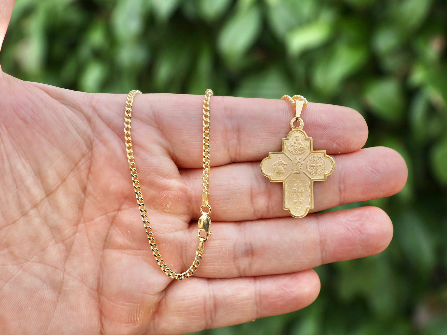 Cruz de 4 vías de plata de ley, cruz chapada en oro de 18 kt, cruz con santos devocionales, cruz escapulario, cruz medalla milagrosa