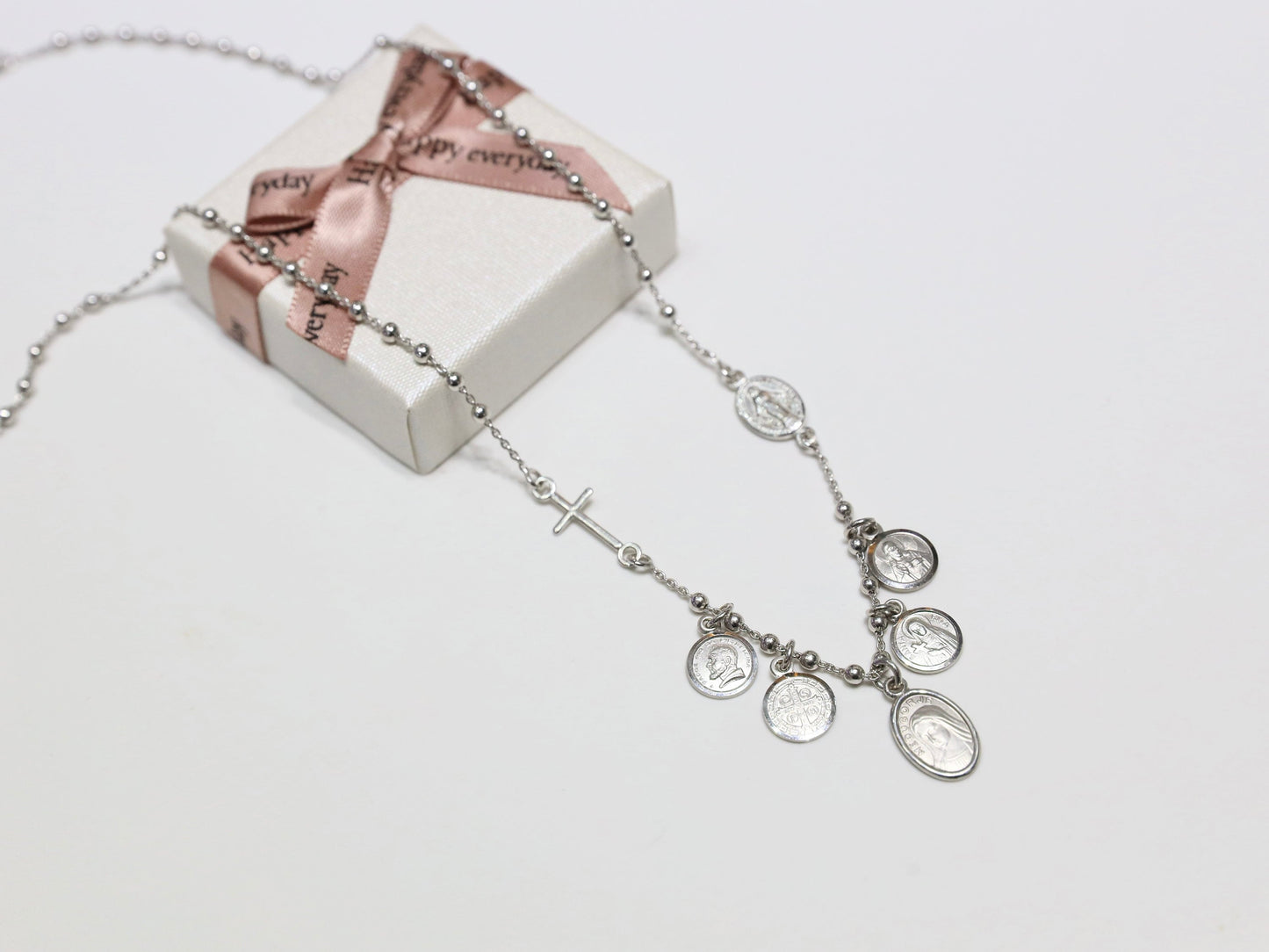 Handmade Sterling Silver Five Decade Rosary Necklace - Featuring Catholic Saints Padre Pio, St. Benedict, Miraculous Medal and More!