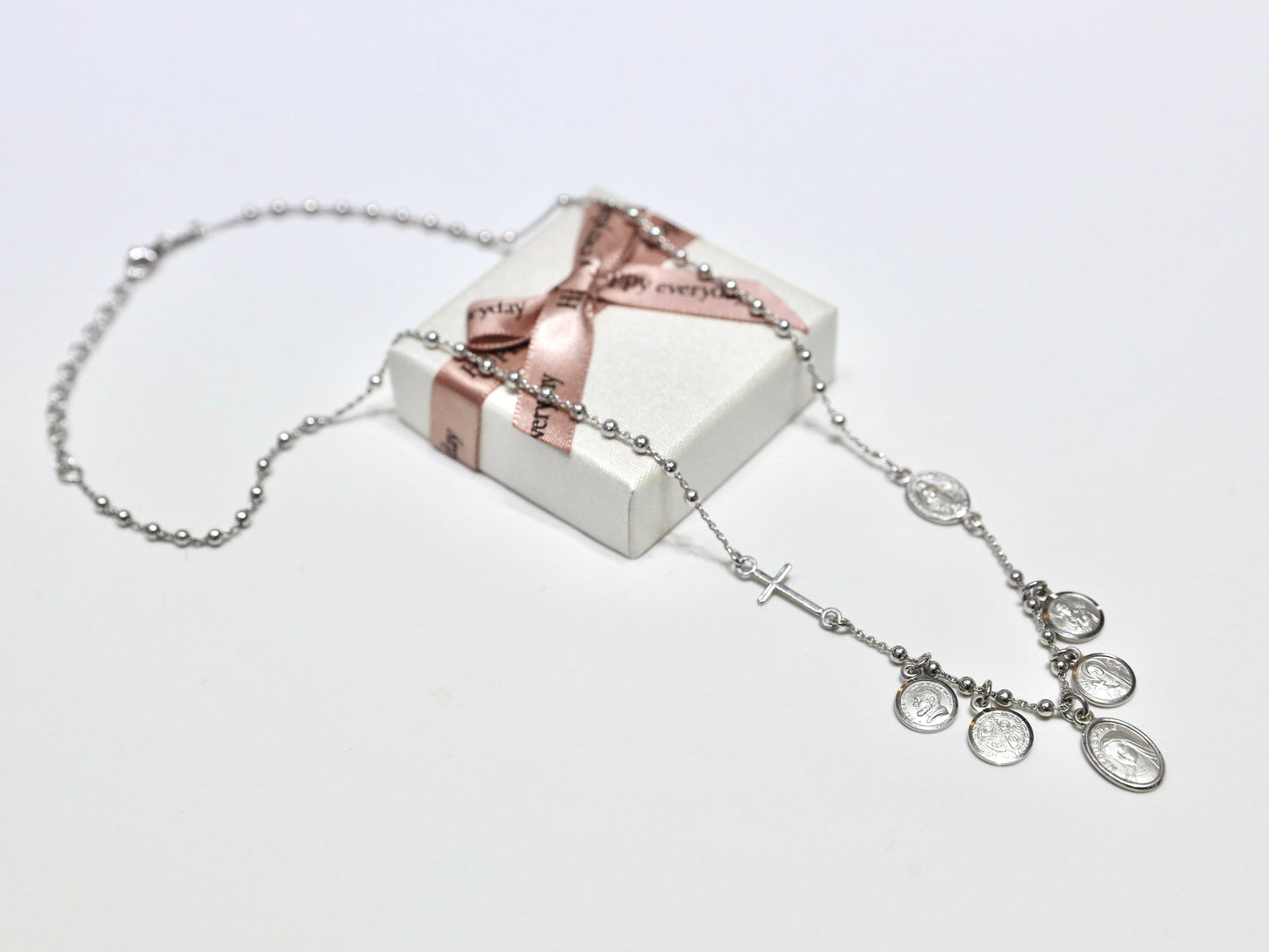 Handmade Sterling Silver Five Decade Rosary Necklace - Featuring Catholic Saints Padre Pio, St. Benedict, Miraculous Medal and More!