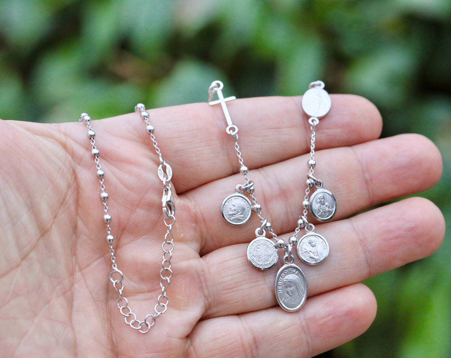 Handmade Sterling Silver Five Decade Rosary Necklace - Featuring Catholic Saints Padre Pio, St. Benedict, Miraculous Medal and More!